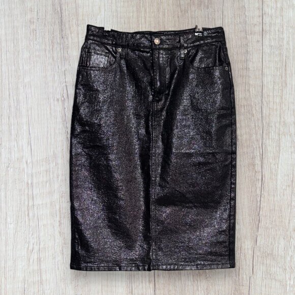 GAP Denim Metallic Silver Shimmer Coated Pencil Skirt Mid Rise Knee Length 4 27 - Picture 1 of 7